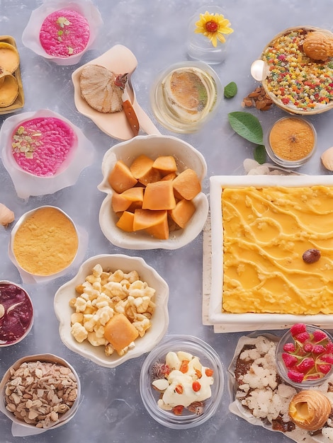 photo flat lay indian dessert arrangement