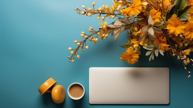 photo flat lay of workstation with copy space and laptop