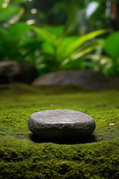 Photo of a flat stone in the forest for product presentation