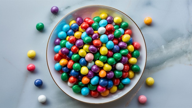 Photo of flavorful candy in bowl on the marble surface