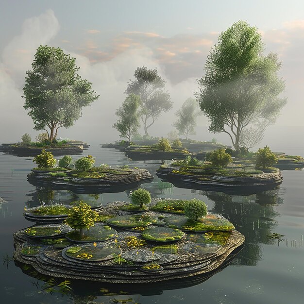 Photo photo of a floating gardens in a still lake with lush greenery and vibrant flowers