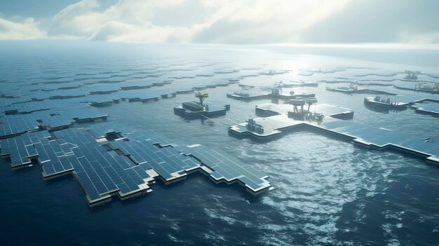 Photo a photo of a floating offshore solar farm in the ocean