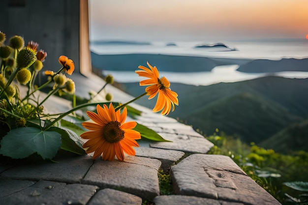 A photo of a flower on a balcony with a sunset in the background.