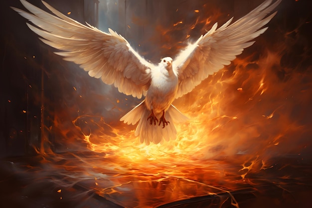 Photo flying dove fire abstract background generative ai