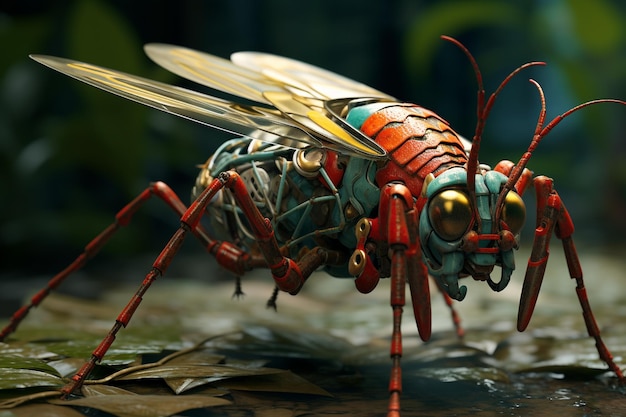 Photo flying insect with metallic shell generative ai