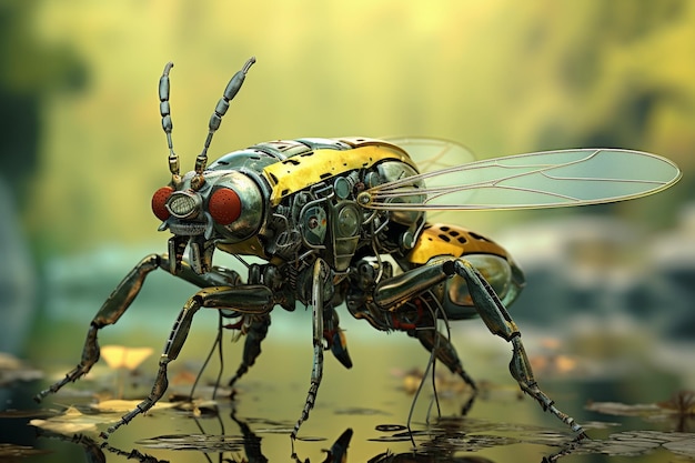 Photo flying insect with metallic shell generative ai