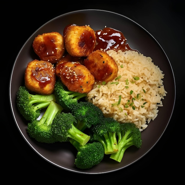 Photo of food on a plate of broccoli rice and chicken nuggets