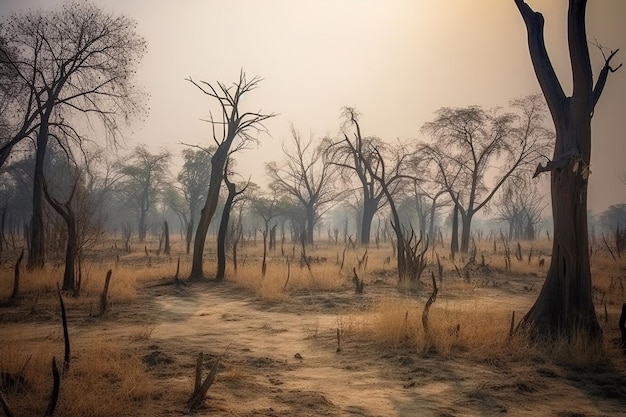 A photo of a forest with a smokey sky in the background.