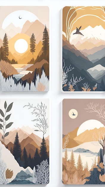 Photo of four landscape paintings featuring mountains trees and birds