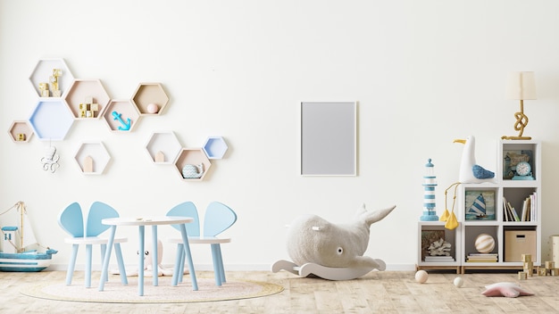 photo frame in childrens playroom interior with toys, kids furniture, table with chairs, shelves 3d rendering