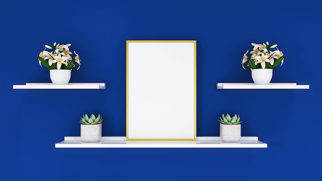 Photo frame mockup in blue background with flower and plant 3D rendering