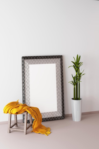 Photo frame mockup and flower in pot over beige wall d render