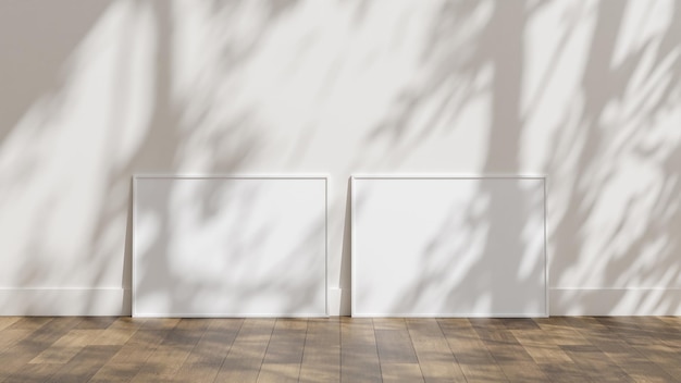 Photo frame mockup leaning against wall on wooden floor