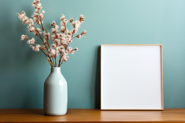 Photo frame mockup in a minimal room with an aquamarine wall with a vase of flowers on the table