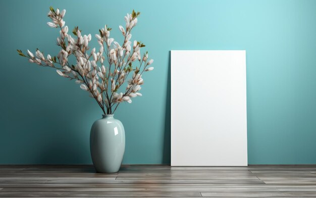 Photo frame mockup in a minimal room with an aquamarine wall with a vase of flowers on the table