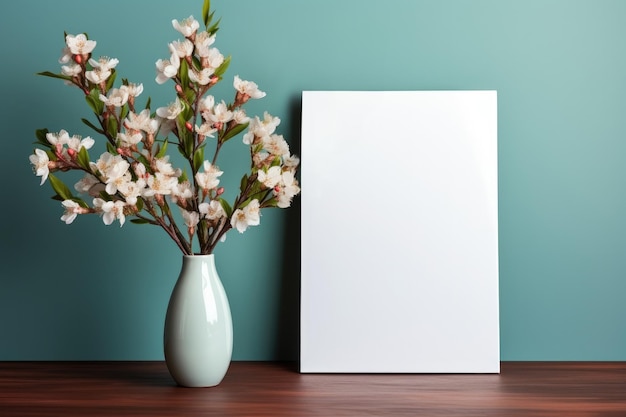 Photo frame mockup in a minimal room with an aquamarine wall with a vase of flowers on the table