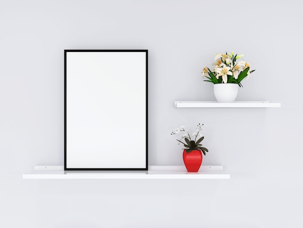 Photo frame mockup in white background with flower 3D rendering