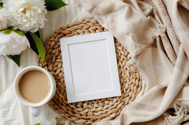 Photo photo frame mockup with blank white inside on wicker tray coffee and flowers in neutral colors on bed background