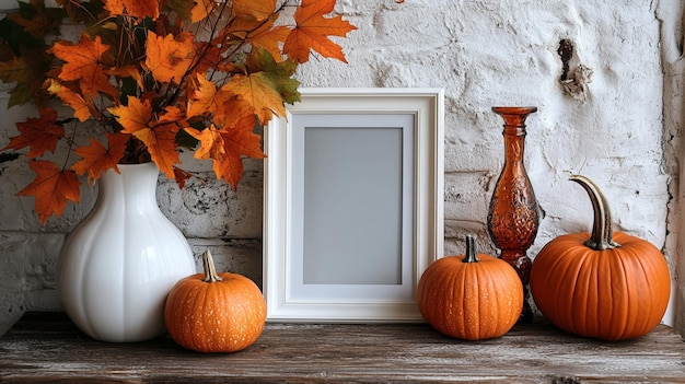 Photo photo frame mockup with orange maple leaves and pumpkin giving autumn vibes