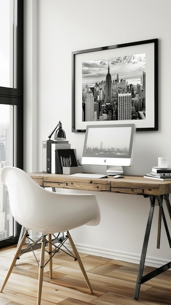 a photo in a frame placed on a modern desk in a room in a white atmosphere with view ont the city