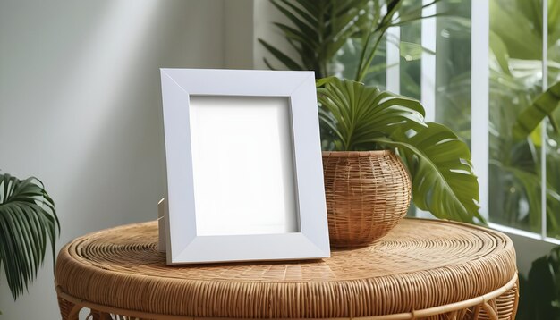 photo frame resting on a rattan side table in a tropicalinspired sunroom with lush greenery nature