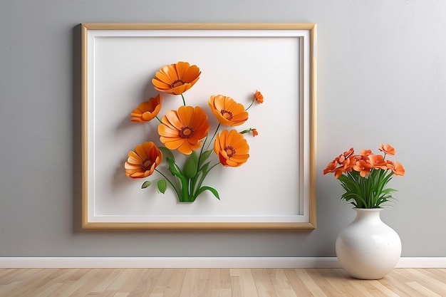 Photo frame on wall flower picture 3D rendering