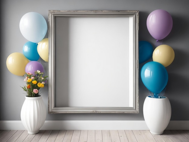 Photo a frame with a bunch of balloons on it is attached to a wall