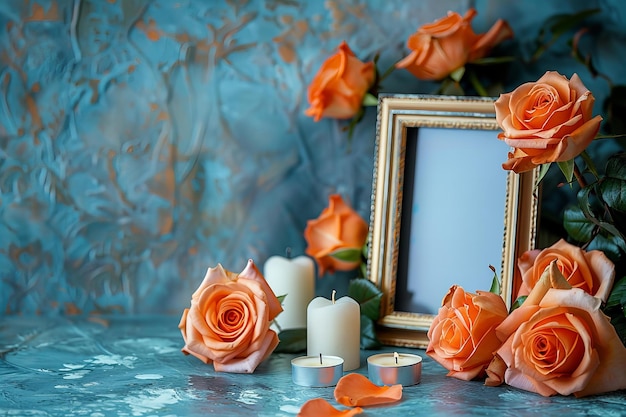 Photo frame with orange roses and white candles against an empty wall