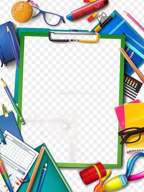 Photo frame with school supplies and cartoon border PNG with transparent bg