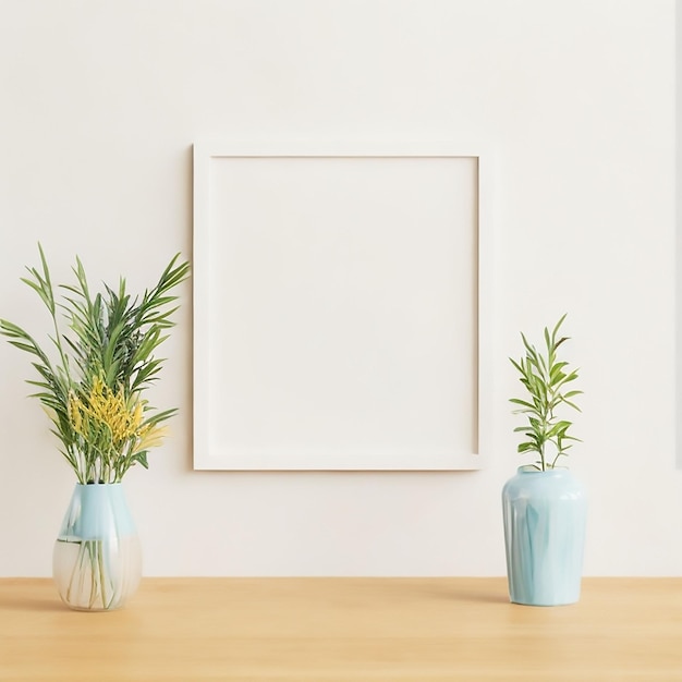 Photo frame on wooden table beside plantfilled vases