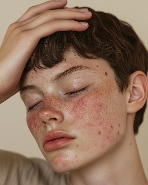 Photo photo of a freckled face acne face closeup with closed eyes