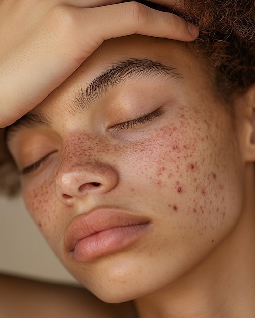 Photo photo of a freckled face acne face closeup with closed eyes