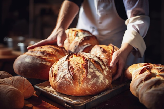 Photo of fresh baked bread in baker hands High quality photo