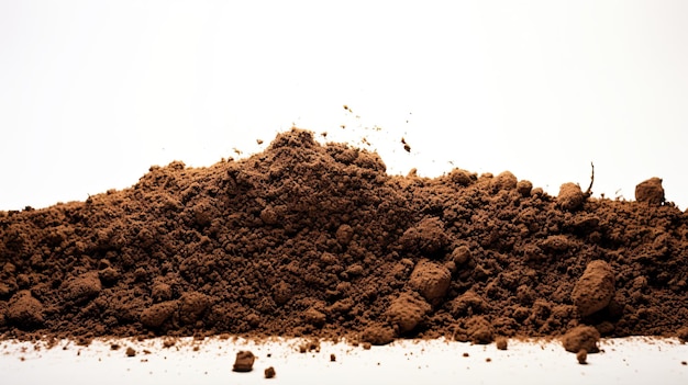 Photo of fresh brown dirt with compost isolated on white in bottom side of horizontal frame