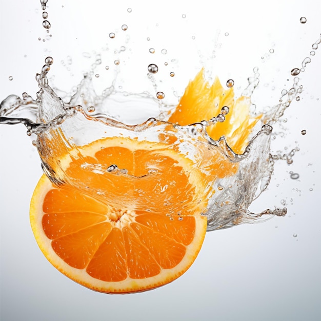 Photo of fresh citrus fruit among the splashes of water on a white background