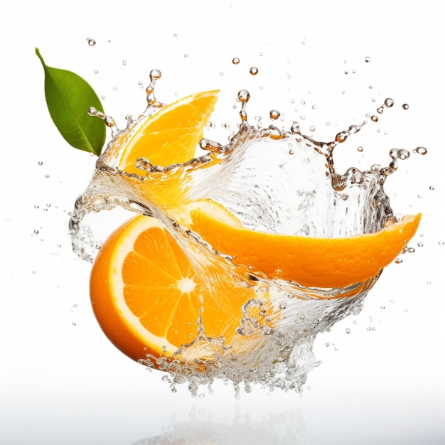 Photo of fresh citrus fruit among the splashes of water on a white background