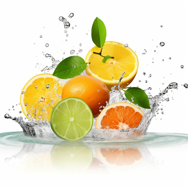 Photo of fresh citrus fruits among splashes of water on white background