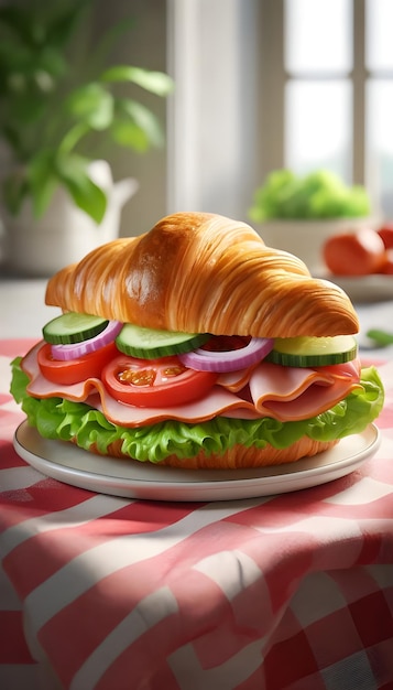 Photo Fresh croissant or sandwich with salad