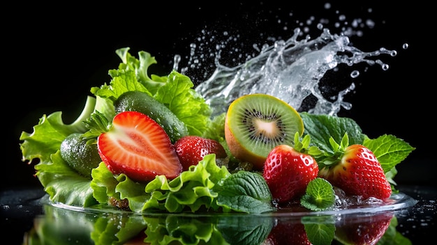 Photo a photo of fresh lettuce strawberries and kiwi with mint leaves splashing in water against a black background