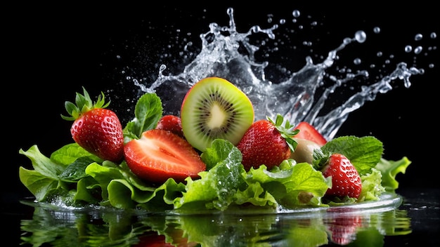 Photo a photo of fresh lettuce strawberries and kiwi with mint leaves splashing in water against a black background