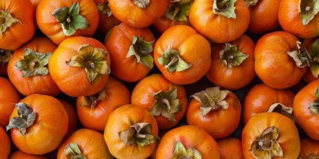 Photo a photo of fresh persimmons with green leaves the persimmons are ripe and have a bright orange color they are also very juicy and have a sweet taste