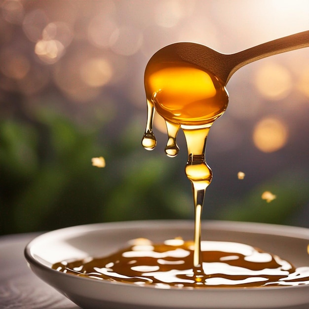 photo fresh yellow organic honey dripping from spoon generated by AI