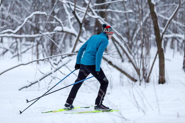 Photo from back of male skier in forest in winter