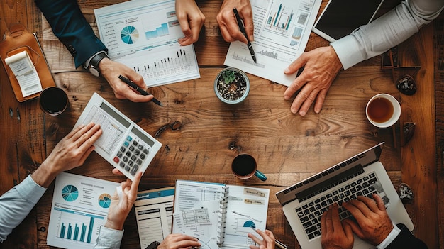 photo from above hands of business people analyzing sales and financial reports