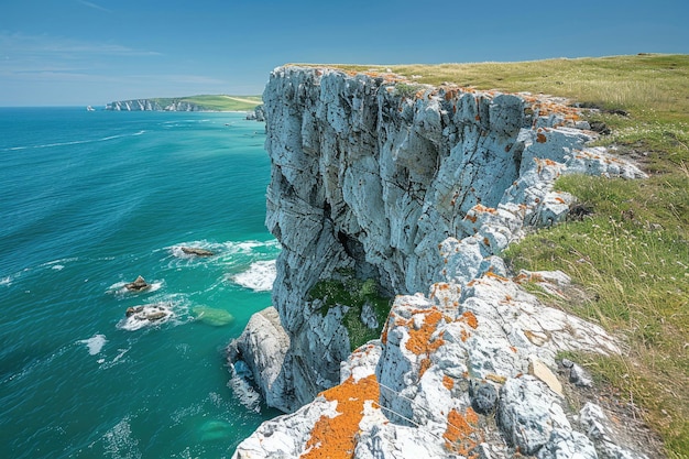 A photo from a high cliff edge showcasing an impressive view of the ocean