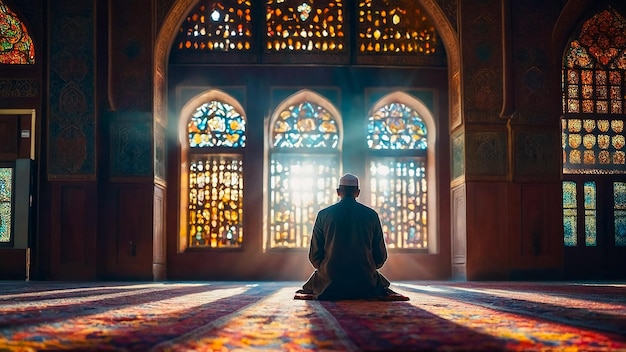 Photo from behind of a Muslim man praying in a mosque