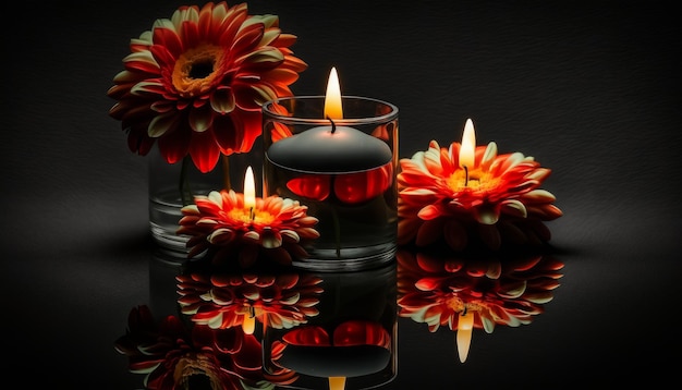 Photo front view of burning beautiful candles with red candles on black background generative AI