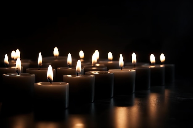 Photo front view of burning candles on pitch black surface