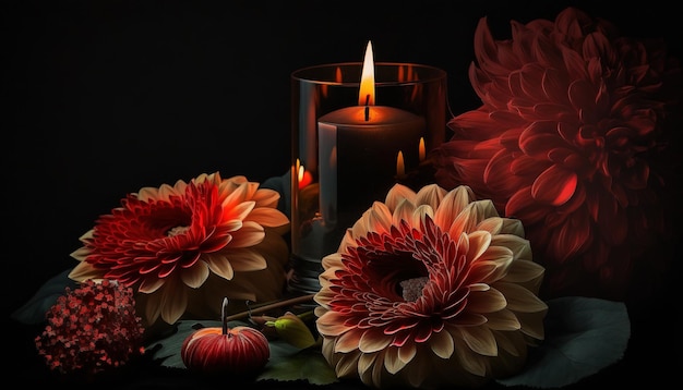 Photo front view of burning candles with red flowers in the dark view generative AI