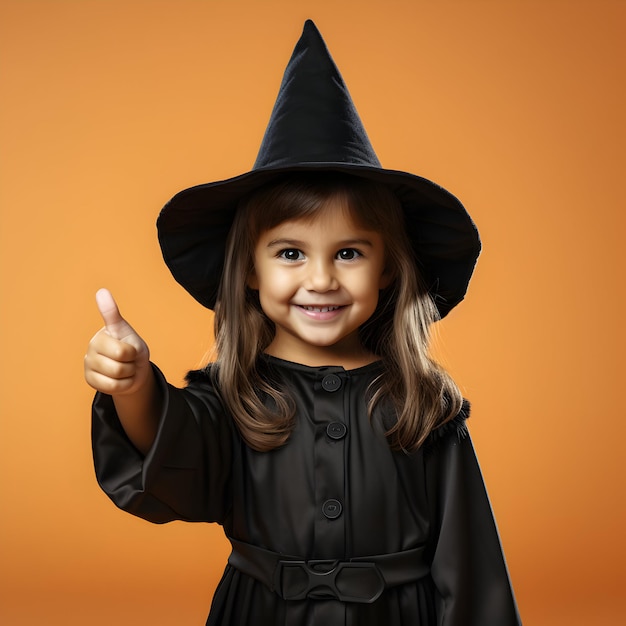 Photo front view little girl in witch costume for celebrate halloween day generative ai